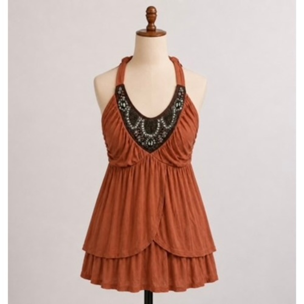 Vtg Y2K M Medium Babydoll Halter Top‎ Embellished Bling 90s Club Party Orange
